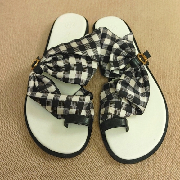 Tory Burch Women's Selby Scarf Sandals Gingham -Black 6 1/2 (New Never W… - Picture 2 of 8